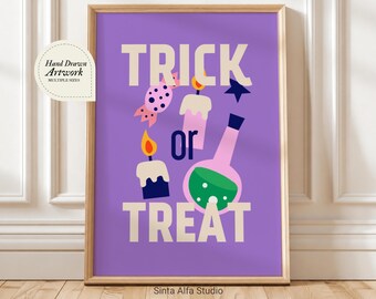 Trick or Treat Halloween Print, Cute Potion Candy Wall Art JPG, Spooky Party Decor, Hand Drawn Purple Autumn Card, Digital Download Poster