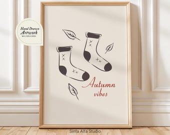 Autumn Vibes Wall Art, Hand Drawn Fall Printable, Cozy Socks Line Art Poster, Minimalist Simple Greeting Card, Neutral Aesthetic Decor