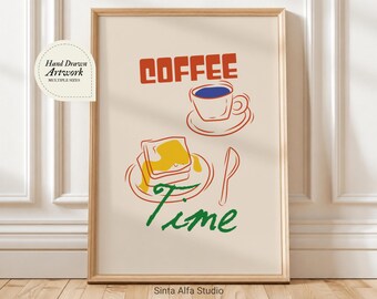 Coffee Time Print, Kitchen Wall Art, Retro Coffee Lovers Poster, Hand Drawn Food JPG Artwork, Colorful Barista Gift, Restaurant Cafe Decor