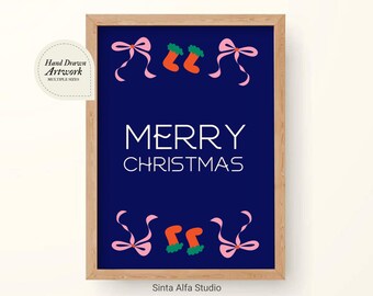 Merry Christmas Typography Print, Modern Navy Xmas Poster, Winter Printable Wall Art, Coquette Holiday Greeting Card, Digital Download PNG