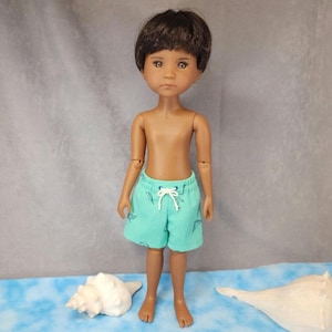 BOARD SHORTS/ Swim trunks, Surfer shorts for 14.5" Ruby Red Fashion Friends dolls ~ Light aqua green with navy  sailboats design ~ Unisex