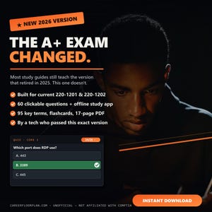Op de afbeelding: Een digitale studiegidsadvertentie voor het A+ examen 2026. Tekst luidt: NEW 2026 VERSION, THE A+ EXAM CHANGED, en bevat functies zoals 220-1201 & 220-1202 dekking, 60 klikbare vragen en een PDF van 17 pagina's. Inclusief een directe downloadknop.