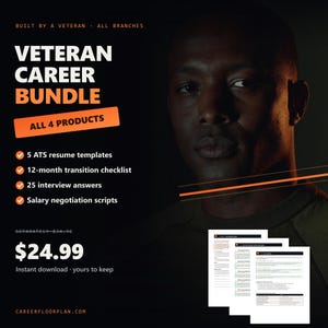 Veteran Career Bundle | Resume Templates, Transition Checklist, Interview Answers, Salary Scripts (PDF Kit)