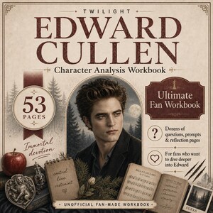 以下が含まれることがあります： Twilight Edward Cullen Character Analysis Workbookというタイトルの正方形のブックカバー。男性の肖像画、赤いリンゴ、ライオンの紋章、小さなボトル、楽譜が描かれた開いた本が特徴です。53 PagesやUltimate Fan Workbookというテキストが含まれています。