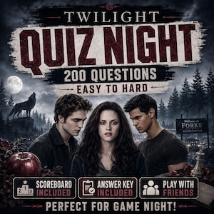 May include: A Twilight Quiz Night game box featuring the text 200 Questions Easy to Hard, Scoreboard Included, Answer Key Included, and Play With Friends. The cover displays three people, a wolf, a moon, a red apple, and a Forks, Washington sign.