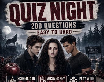Twilight Quiz Night PDF, 200 Questions Easy to Hard, Printable Vampire Romance Trivia Game, Answer Key Scoreboard Included