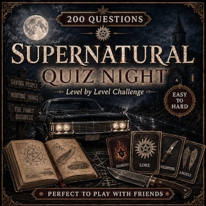 May include: A Supernatural Quiz Night game set featuring 200 questions, an open book with a pentagram illustration, four themed cards labeled Demons, Lore, Weapons, and Angels, and a hunting knife, all set against a dark, moody background.