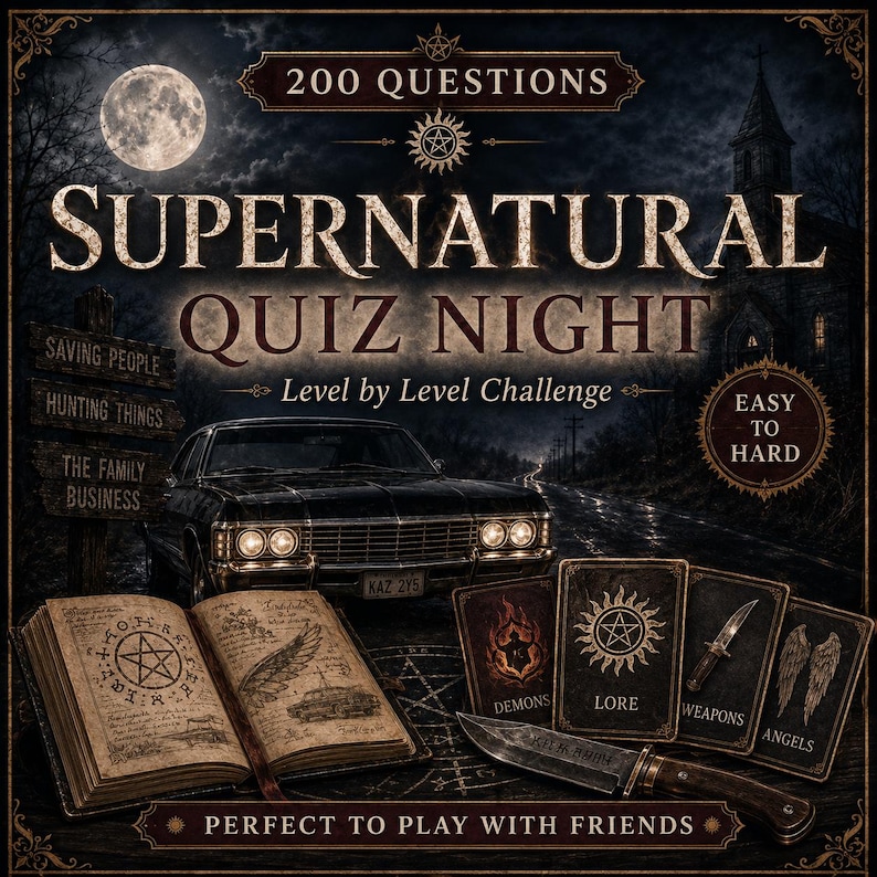 May include: A Supernatural Quiz Night game set featuring 200 questions, an open book with a pentagram illustration, four themed cards labeled Demons, Lore, Weapons, and Angels, and a hunting knife, all set against a dark, moody background.