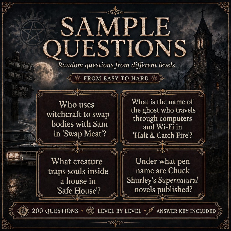 May include: A dark, gothic-themed trivia card titled SAMPLE QUESTIONS with the subtitle Random questions from different levels FROM EASY TO HARD. It features four boxes with specific questions about the television show Supernatural and a background of a spooky church, a full moon, and a vintage car.