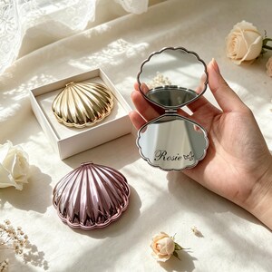 Miroir de poche en forme de coquillage personnalisé, miroir de maquillage de poche personnalisé avec nom, cadeau pour demoiselle d'honneur