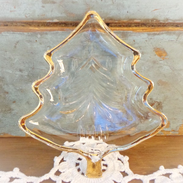 vintage Christmas tree dish small embossed glass