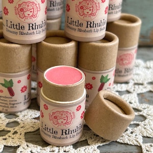 rhubarb lip balm ~ shea cocoa butter ~ beeswax lip butter ~ chapstick for gardeners ~ moisturizing lip care ~ Little Rhubie