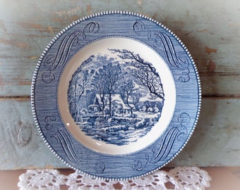 vintage plate blue white Currier & Ives The Old Grist Mill