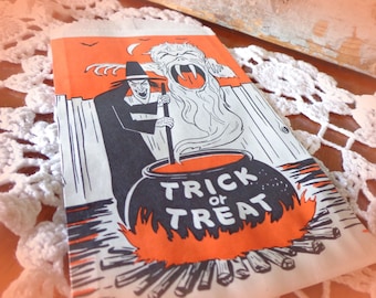 vintage Halloween witch trick or treat party favor candy bag black cauldron spooky