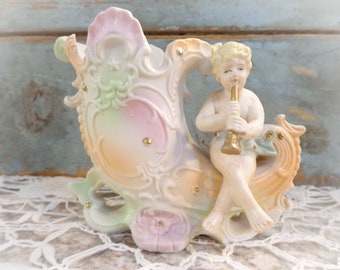 vintage angel cherub vase planter bisque cornucopia horn Japan