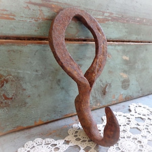 large antique hook ~ cast iron hook ~ primitive rustic hook ~ hand forged hook