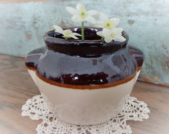 vintage stoneware crock jam pot brown white farmhouse kitchen