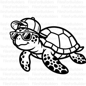 May include: A black and white line art illustration of a sea turtle wearing a baseball cap and sunglasses. The turtle has a patterned shell and spotted flippers. The background features a repeating watermark text that reads FilesForBuilders.