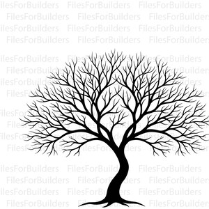 Puede incluir: Una ilustración de silueta negra de un árbol sin hojas con una copa ancha y extendida de ramas finas e intrincadas y un tronco curvado. El fondo presenta un texto de marca de agua tenue y repetitivo que dice FilesForBuilders.