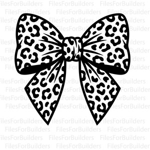 May include: A black and white graphic illustration of a bow featuring a repeating leopard print pattern. The design consists of two large upper loops and two pointed downward-facing tails, all outlined in black with a central knot detail.