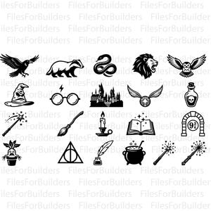 May include: A collection of twenty black and white vector icons featuring fantasy elements including a raven, badger, snake, lion, owl, sorting hat, glasses, castle, golden snitch, potion bottle, wands, broom, candle, book, archway, mandrake, symbol, quill, and cauldron.