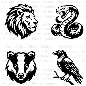 Peut inclure: Un ensemble de quatre illustrations vectorielles en noir et blanc représentant une tête de lion, un serpent enroulé gueule ouverte, une tête de blaireau et un corbeau perché sur une branche. Le filigrane FilesForBuilders est visible.