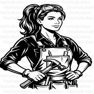 May include: A black and white graphic illustration of a person with a ponytail wearing a collared shirt and an apron. The person holds a hammer in their hands, and the apron features pockets containing a pencil, a ruler, and other tools.