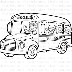 Puede incluir: Una ilustración de arte lineal en blanco y negro de un autobús escolar con el texto SCHOOL BUS en la parte delantera y lateral. Un conductor con gorra está al volante y tres niños son visibles en las ventanas laterales, saludando.