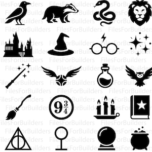May include: A collection of twenty black silhouette icons featuring a raven, badger, snake, lion, castle, wizard hat, round glasses with a lightning bolt, stars, wand, winged ball, potion bottle, owl, broom, 9 3/4 sign, candles, book, triangle symbol, ring, crystal ball, and cauldron.