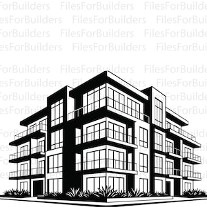 May include: A black and white graphic illustration of a multi-storey apartment building featuring multiple balconies, large windows, and a flat roof design. The structure is surrounded by stylised shrubbery at the base, with the text FilesForBuilders.