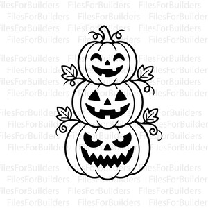 May include: A black and white line art illustration of three stacked pumpkins with carved jack-o'-lantern faces. The top pumpkin has a smiling face, the middle has a triangular-eyed face, and the bottom has a jagged, toothy grin.