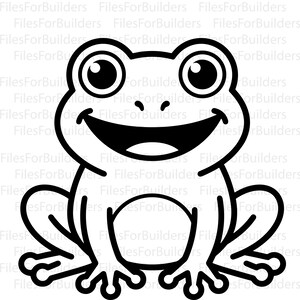 May include: A black and white line art illustration of a smiling frog with large eyes, a wide mouth, and webbed feet. The design features bold outlines and a clean, simple aesthetic, suitable for various creative projects and digital applications.