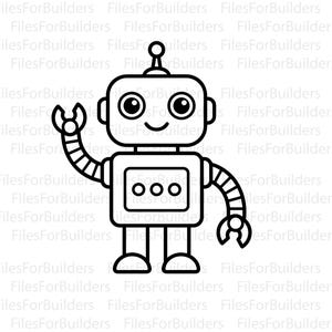 Puede incluir: Una ilustración de arte lineal en blanco y negro de un robot amigable con una cabeza rectangular redondeada, ojos circulares grandes, una boca sonriente y una antena. El robot tiene un torso cuadrado con tres botones circulares.