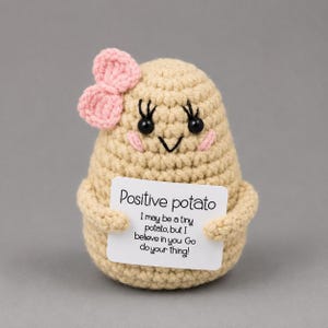 Peut inclure: Une figurine de pomme de terre crochetée beige avec un nœud en laine rose, des yeux en perles noires et des cils brodés. Elle tient un panneau rectangulaire blanc avec le texte : Positive potato. I may be a tiny potato, but I believe in you Go do your thing!