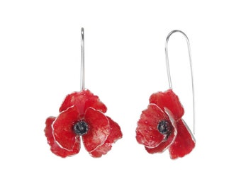 Red Poppy Earrings in Sterling Silver, Flower Long Earrings, Floral Dangle Earrings, Delicate Gift for Women, Statement Red Earrings