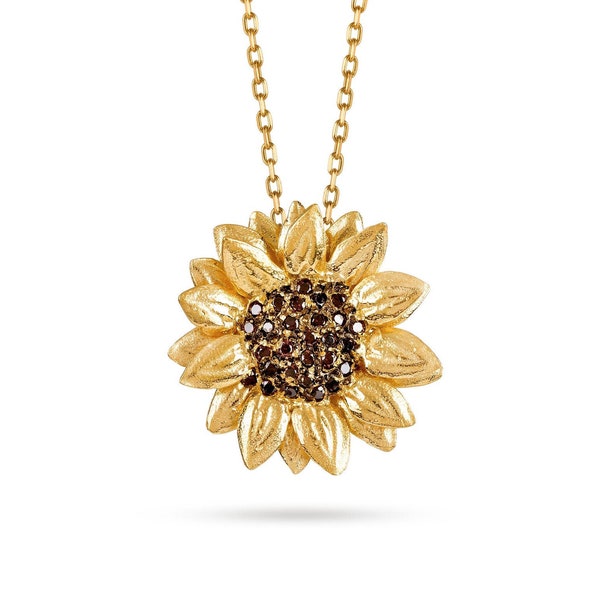 Sonnenblume Halskette aus Silber vergoldet 24kt und CZ, Halskette mit Sonnenblume Anhänger, Geschenk Frau personalisiert