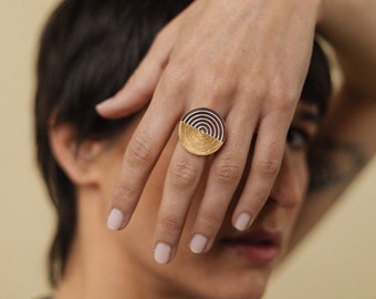 Disc Ring Gold-plated Sterling Silver, Adjustable Labyrinth Ring, Gold and Silver Circle Ring Women, Ethnic Ring Adjustable