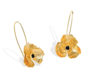 Poppy Earrings in Gold-plated Sterling Silver, Long Flower Ear Hook Earrings