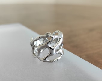 Liquid Ring in Sterling Silver, Melted Metal Ring, Unisex Band Ring with Fluid Shape