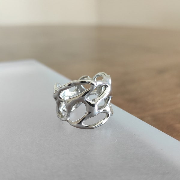 Bague liquide en argent sterling, bague en métal fondu, anneau unisexe de forme ondulée