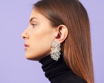 Long Statement Earrings in Sterling Silver, Dramatic Earrings handmade in Filigree