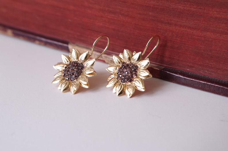 Sunflower Dangle Earrings Gold Earwire Sunflower Goldplated Etsy
