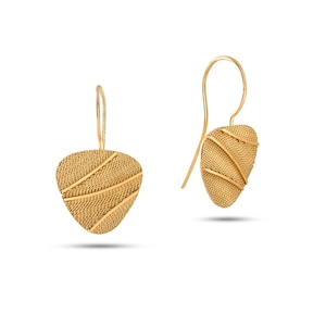 May include: A pair of gold-coloured leaf-shaped earrings. Each earring has a textured surface with diagonal lines. The earrings have a hook closure and are set against a white background. Jewellery.