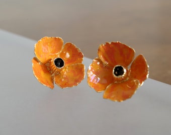 California Poppy Earrings Sterling Silver, Gold Poppy Studs, Small Flower Earrings