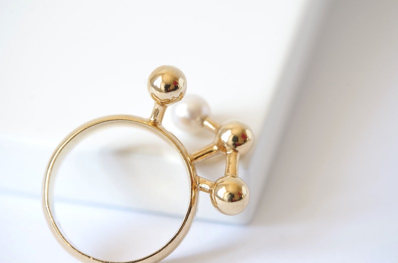 Geometric Ring in Gold-plated Silver with Pearl, Modern Spheres Ring, Design Jewelry image 6