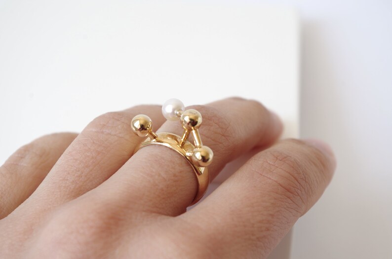 Geometric Ring in Gold-plated Silver with Pearl, Modern Spheres Ring, Design Jewelry image 7