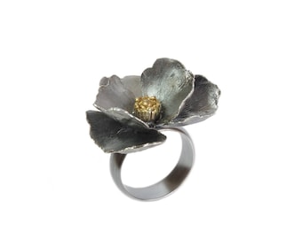 Black Flower Ring in Sterling Silver, Poppy Ring Oxidized Silver and Gold-plated, Statement Poppy Flower Ring, Floral Rings for Women