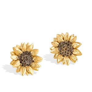 Sunflower Studs Gold-plated Silver, Flower Earrings with CZ Pave