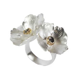Sterling Silver Poppy Ring: Gold Accent Floral Statement Ring