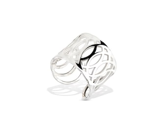 Bague large bande en argent sterling, bague réglable géométrique avec bain de rhodium